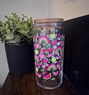 Summer Ritual Rainbow Fruit Iced Coffee Can Glass Tumbler 20oz, Glassware Bamboo